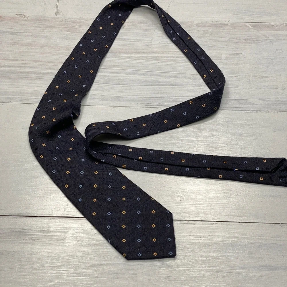 Corneliani Tie Mens Navy Blue Silk Wool Geometric Hand Made Italy Professional